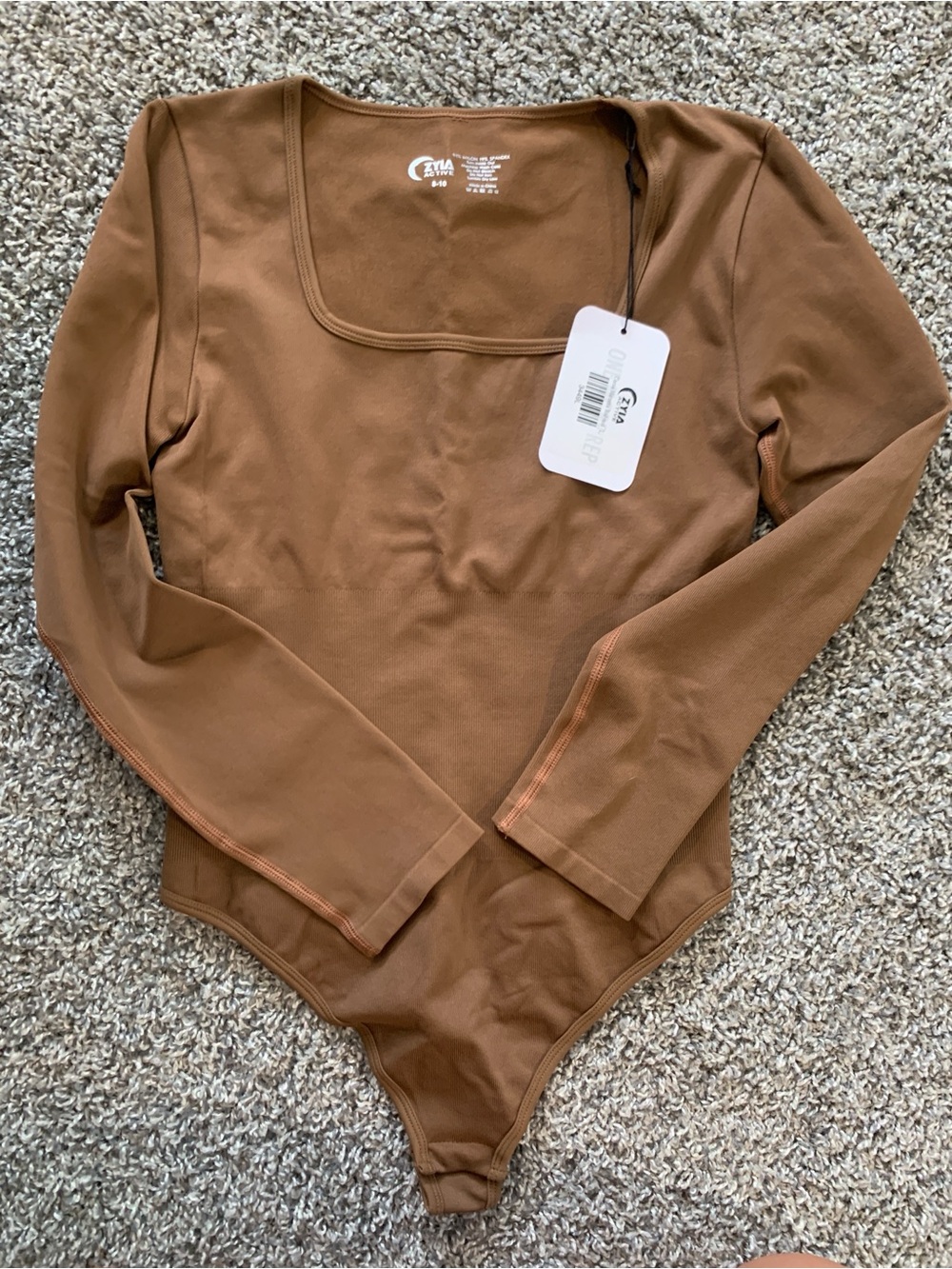 Zyia Long-Sleeve Square Neck Bodysuit in Brown